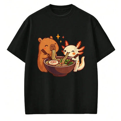 Cute Capybara Shirt, Funny Capybara Unisex T-Shirt/Hoodie/Sweatshirt HLT00 - Capybara with Axolotl Eats Noodles Ramen Kawaii T-Shirt, Men, Black, 3X-Large
