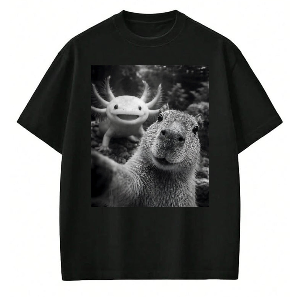 Cute Capybara Shirt, Funny Capybara Unisex T-Shirt/Hoodie/Sweatshirt HLT00 - Capybara Axolotl Selfie T-Shirt