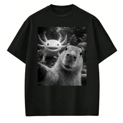 Cute Capybara Shirt, Funny Capybara Unisex T-Shirt/Hoodie/Sweatshirt HLT00 - Capybara Axolotl Selfie T-Shirt