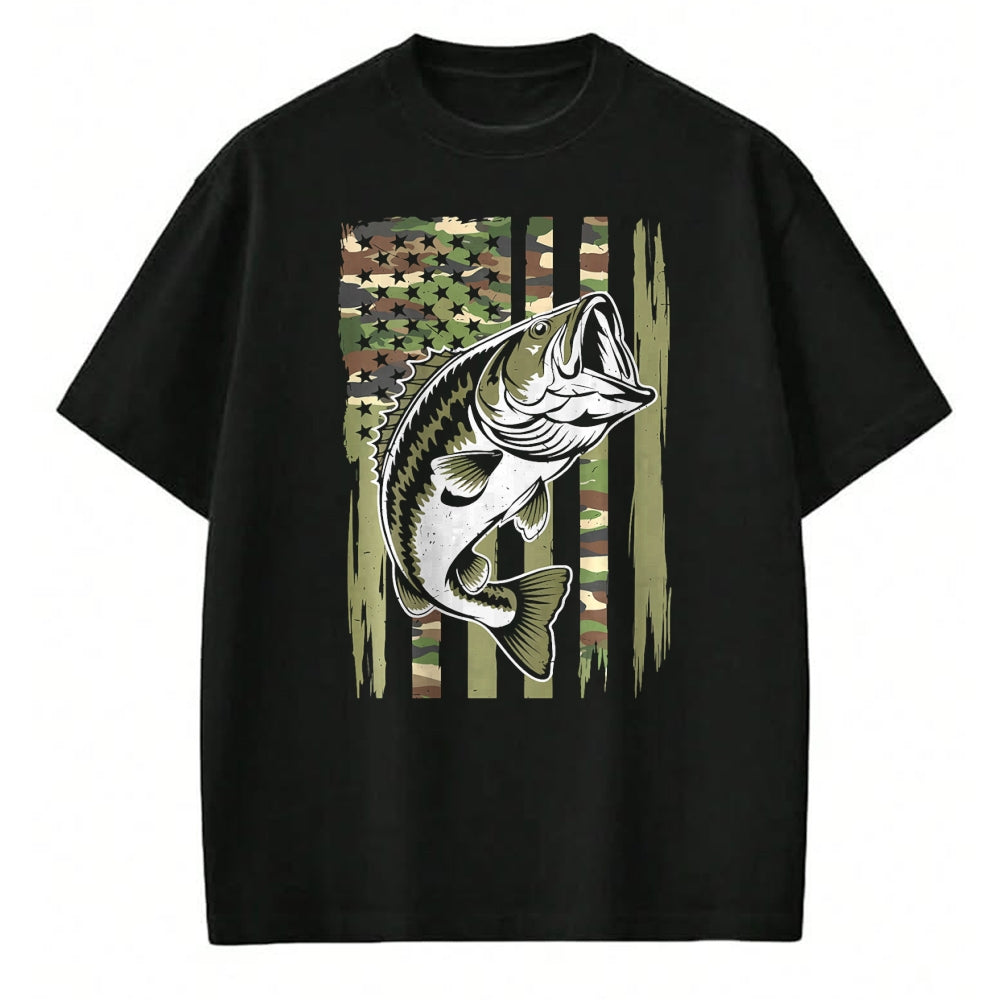 Funny Fishing Shirt, Gift For Fishing Lover Unisex T-Shirt/Hoodie/Sweatshirt HLT00 - Youth Camo Fishing Bass Fish American Flag Patriotic Men Boy T-Shirt