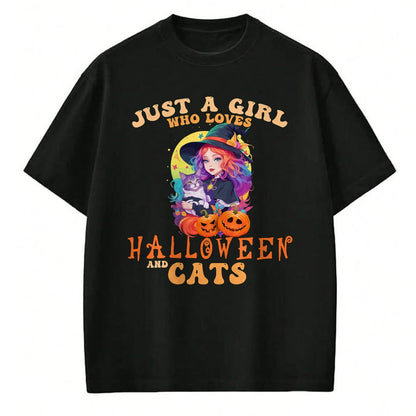 Shirt, Funny Cat Lover Gift UnisexT-Shirt/Hoodie/Sweatshirt HLT00 - Just A Girl Who Loves Halloween and Cats Spooky Fall Pumpkin T-Shirt (1)
