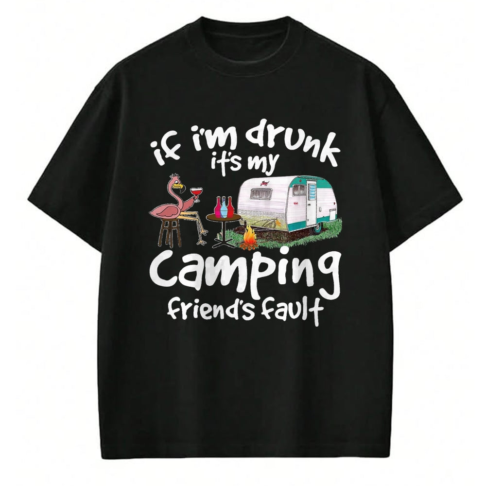 Funny Camping Shirt, Gift For Camping Lover Unisex T-Shirt/Hoodie/Sweatshirt HLT00 - If I_m Drunk It_s My Camping Friend_s Fault Funny Flamingo T-Shirt, Men, Black, 3X-Large