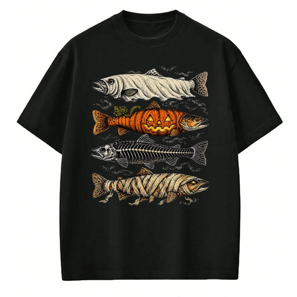 Funny Fishing Shirt, Gift For Fishing Lover Unisex T-Shirt/Hoodie/Sweatshirt HLT00 - Halloween Trout Fish Ghost Pumpkin Skeleton Mummy T-Shirt
