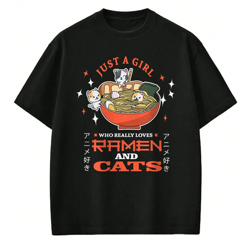 Cat Love Shirt, Funny Cat Lover Gift UnisexT-Shirt/Hoodie/Sweatshirt HLT00 - Just a girl who really loves Ramen and cats Design T-Shirt