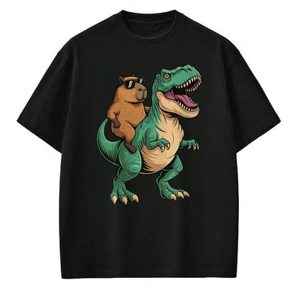 Cute Capybara Shirt, Funny Capybara Unisex T-Shirt/Hoodie/Sweatshirt HLT00 - Capybara Riding T-Rex T-Shirt