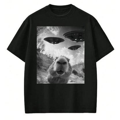 Cute Capybara Shirt, Funny Capybara Unisex T-Shirt/Hoodie/Sweatshirt HLT00 - Funny Capybara Selfie with UFOs Weird Graphic Tee Alien UFO T-Shirt