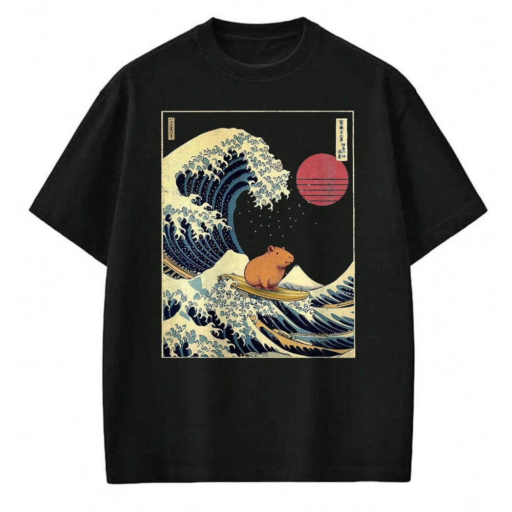 Cute Capybara Shirt, Funny Capybara Unisex T-Shirt/Hoodie/Sweatshirt HLT00 - Capybara Japanese Kanagawa Wave Funny Surf Animal T-Shirt, Men, Black, 3X-Large