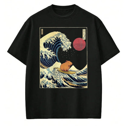 Cute Capybara Shirt, Funny Capybara Unisex T-Shirt/Hoodie/Sweatshirt HLT00 - Capybara Japanese Kanagawa Wave Funny Surf Animal T-Shirt, Men, Black, 3X-Large
