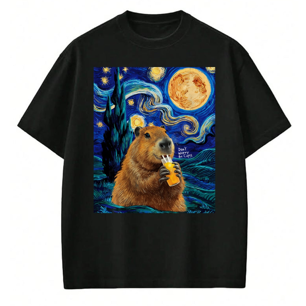 Cute Capybara Shirt, Funny Capybara Unisex T-Shirt/Hoodie/Sweatshirt HLT00 - Capybara in Van Gogh Starry Night Don_t Worry Be Capy Cappy T-Shirt