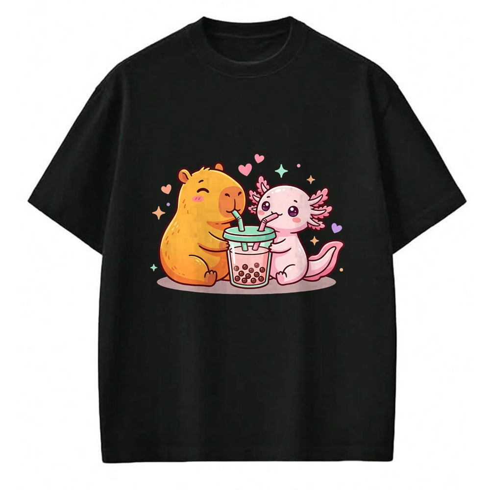 Cute Capybara Shirt, Funny Capybara Unisex T-Shirt/Hoodie/Sweatshirt HLT00 - Cute Capybara and Axolotl Bubble Tea Boba Girls Kawaii T-Shirt