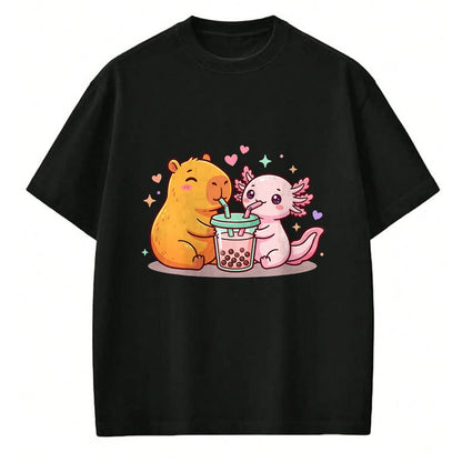 Cute Capybara Shirt, Funny Capybara Unisex T-Shirt/Hoodie/Sweatshirt HLT00 - Cute Capybara and Axolotl Bubble Tea Boba Girls Kawaii T-Shirt