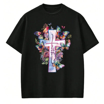 Christian Tee, Christian Faith Unisex T-Shirt/Hoodie/Sweatshirt HLT00 - Faith-Cross Floral Butterflies Christ Flowers Religious T-Shirt