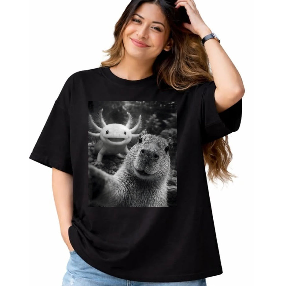 Cute Capybara Shirt, Funny Capybara Unisex T-Shirt/Hoodie/Sweatshirt HLT00 - Capybara Axolotl Selfie T-Shirt