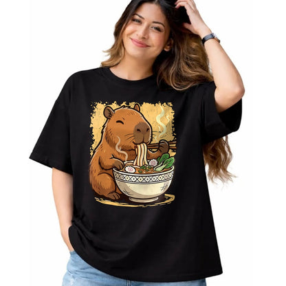 Cute Capybara Shirt, Funny Capybara Unisex T-Shirt/Hoodie/Sweatshirt HLT00 - Capybara Eating Ramen Noodles T-Shirt