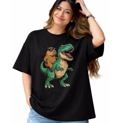 Cute Capybara Shirt, Funny Capybara Unisex T-Shirt/Hoodie/Sweatshirt HLT00 - Capybara Riding T-Rex T-Shirt