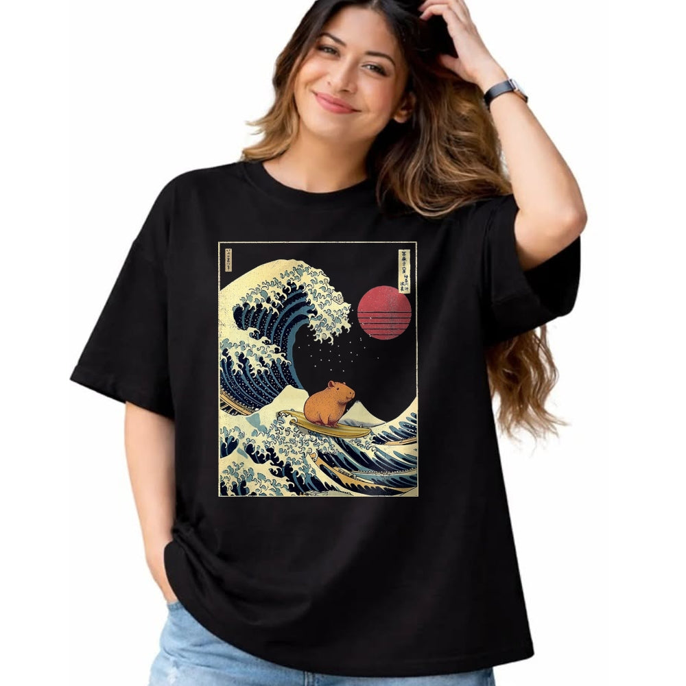 Cute Capybara Shirt, Funny Capybara Unisex T-Shirt/Hoodie/Sweatshirt HLT00 - Capybara Japanese Kanagawa Wave Funny Surf Animal T-Shirt, Men, Black, 3X-Large