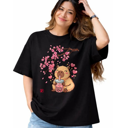 Cute Capybara Shirt, Funny Capybara Unisex T-Shirt/Hoodie/Sweatshirt HLT00 - Cute Capybara Kawaii Anime Drinking Bubble Tea Sakura Japan T-Shirt