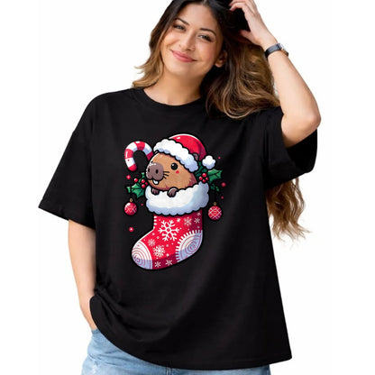 Cute Capybara Shirt, Funny Capybara Unisex T-Shirt/Hoodie/Sweatshirt HLT00 - Cute Capybara Wearing Santa Hat in Christmas Stocking Pajama T-Shirt