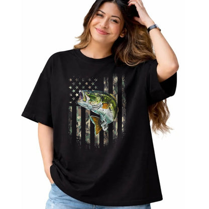 Funny Fishing Shirt, Gift For Fishing Lover Unisex T-Shirt/Hoodie/Sweatshirt HLT00 - (Art on Back) American Flag Camo Bass Fish Fishing T-Shirt