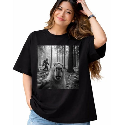 Cute Capybara Shirt, Funny Capybara Unisex T-Shirt/Hoodie/Sweatshirt HLT00 - Funny Capybara Selfie with Sasquatsch Bigfoot for Men Women T-Shirt, Men, Black, 3X-Large