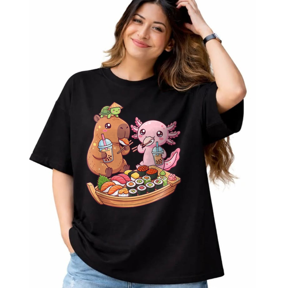 Cute Capybara Shirt, Funny Capybara Unisex T-Shirt/Hoodie/Sweatshirt HLT00 - Cute Capybara Axolotl Sushi Nigiri Bubble Tea Anime Food T-Shirt
