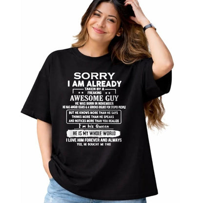 Best Wife Shirt, Wife and Husband Unisex T-Shirt/Hoodie/Sweatshirt HLT00 - I'm Taken By A Freaking Awesome Guy He Was Born In November T-Shirt (1)