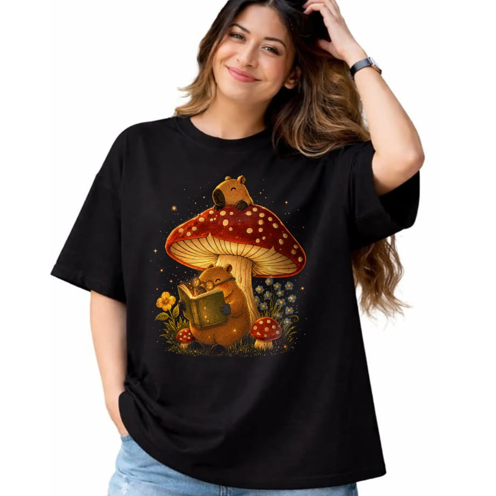 Cute Capybara Shirt, Funny Capybara Unisex T-Shirt/Hoodie/Sweatshirt HLT00 - Capybara Reading Book Mushroom Cottagecore Aesthetic Women T-Shirt