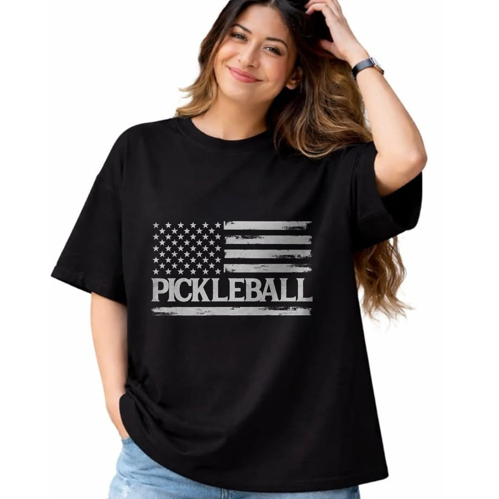 Funny Pickleball Shirt, Pickleball Lover Unisex T-Shirt/Hoodie/Sweatshirt HLT00 - Pickleball Grey Vintage USA Flag Player Coach T-Shirt