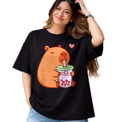 Cute Capybara Shirt, Funny Capybara Unisex T-Shirt/Hoodie/Sweatshirt HLT00 - Cute Capybara Kawaii Anime Girls Drinking Boba Tea Lover T-Shirt