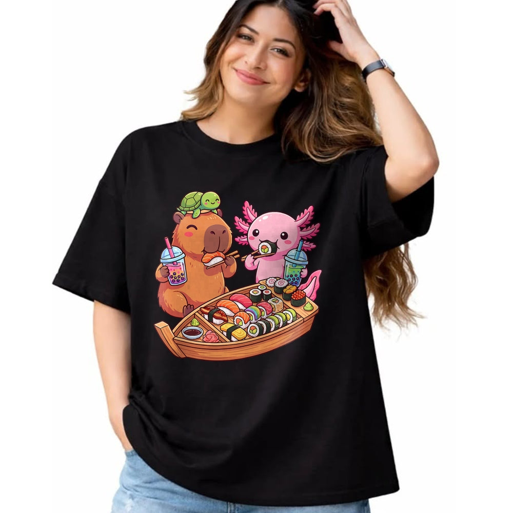Cute Capybara Shirt, Funny Capybara Unisex T-Shirt/Hoodie/Sweatshirt HLT00 - Kawaii Capybara Axolotl Sushi Nigiri Chopsticks Anime Food T-Shirt