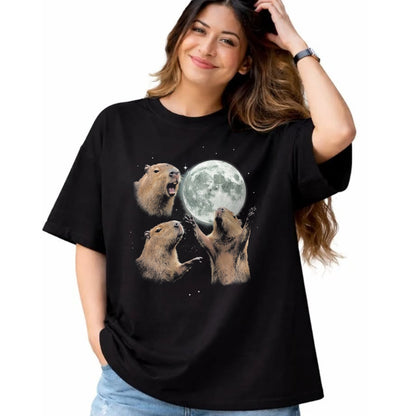 Cute Capybara Shirt, Funny Capybara Unisex T-Shirt/Hoodie/Sweatshirt HLT00 - Funny Capybara Howling at Moon Vintage 90s Graphic T-Shirt