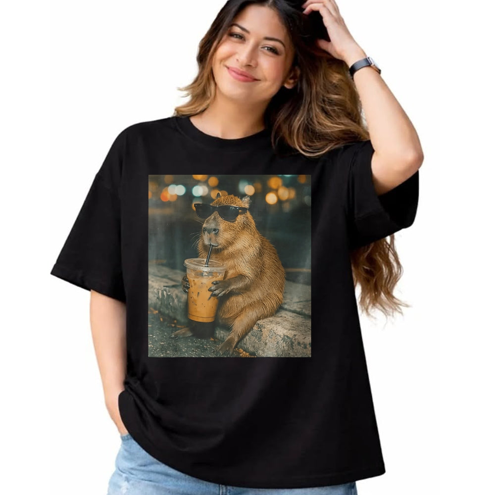 Cute Capybara Shirt, Funny Capybara Unisex T-Shirt/Hoodie/Sweatshirt HLT00 - Funny Capybara Drinking Iced Coffee Cute Animal Meme T-Shirt