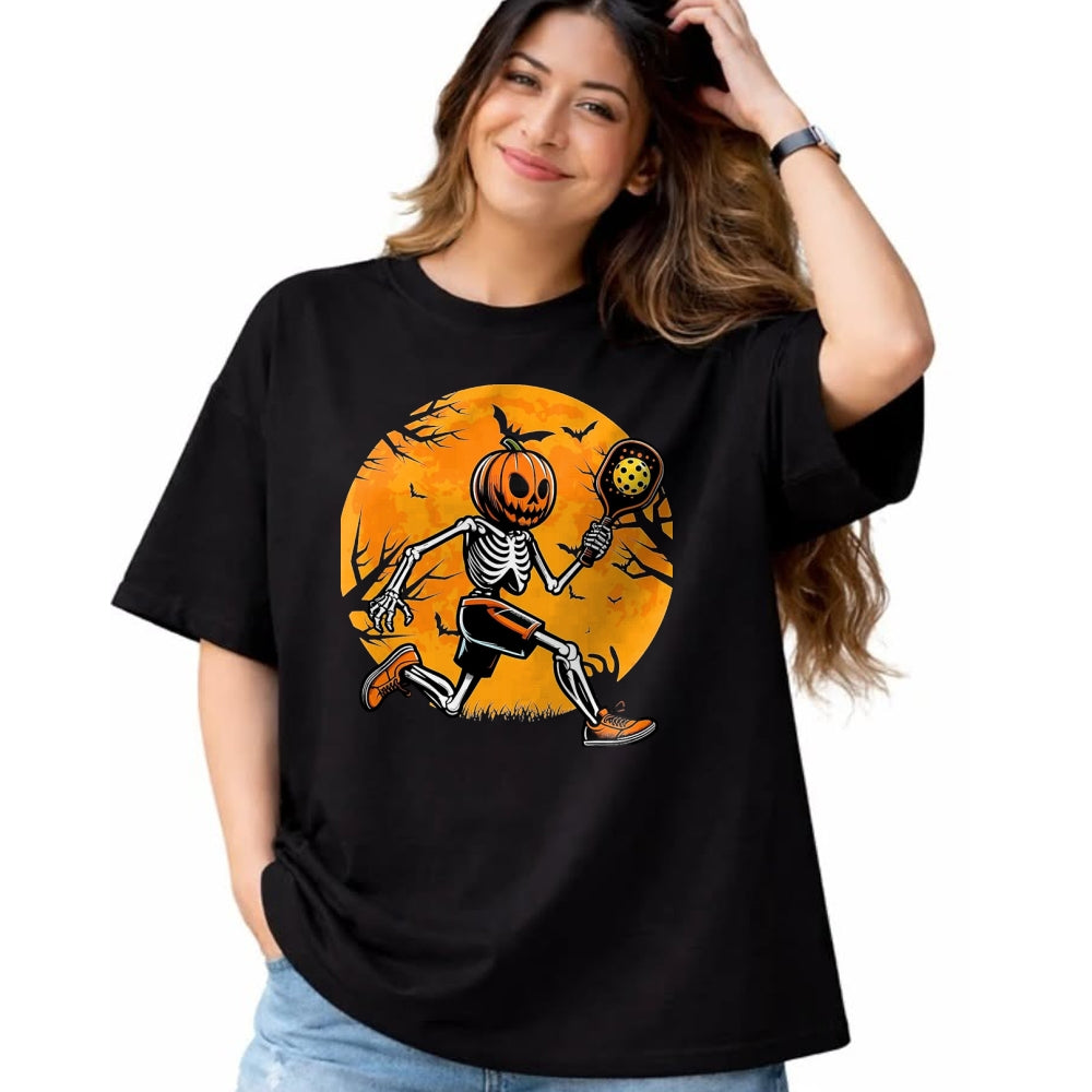 Funny Pickleball Shirt, Pickleball Lover Unisex T-Shirt/Hoodie/Sweatshirt HLT00 - Halloween Pickleball Pumpkin Skeleton Pickleball Halloween T-Shirt