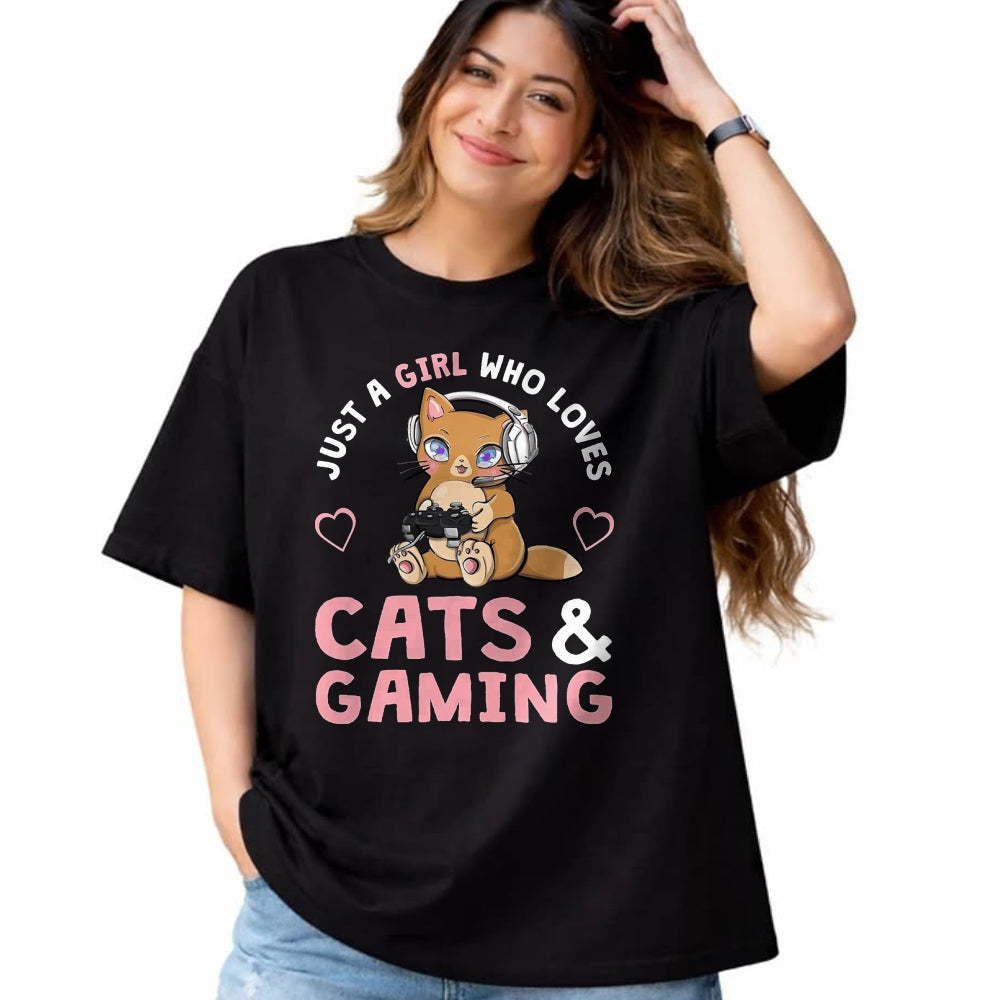 Cat Love Shirt, Funny Cat Lover Gift UnisexT-Shirt/Hoodie/Sweatshirt HLT00 - Just A Girl Who Loves Cats and Gaming Cute Gamer Cat T-Shirt, Men, Black, 3X-Large
