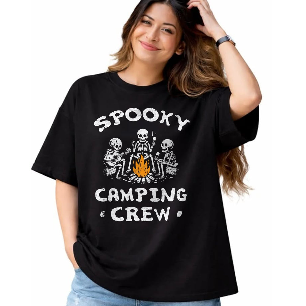 Funny Camping Shirt, Gift For Camping Lover Unisex T-Shirt/Hoodie/Sweatshirt HLT00 - Spooky Camping Crew Halloween Camping Skeleton Campsite T-Shirt