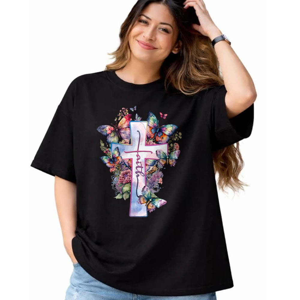 Christian Tee, Christian Faith Unisex T-Shirt/Hoodie/Sweatshirt HLT00 - Faith-Cross Floral Butterflies Christ Flowers Religious T-Shirt