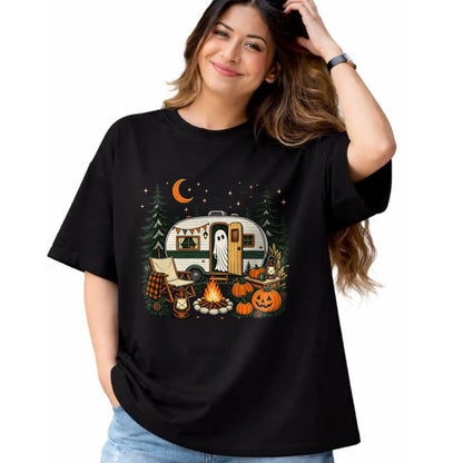 Funny Camping Shirt, Gift For Camping Lover Unisex T-Shirt/Hoodie/Sweatshirt HLT00 - Halloween Ghost Fall RV Camping Autumn Moon Night Funny T-Shirt