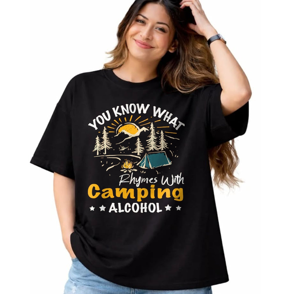Funny Camping Shirt, Gift For Camping Lover Unisex T-Shirt/Hoodie/Sweatshirt HLT00 - You Know What Rhymes with Camping Alcohol Hiking Adventure T-Shirt, Men, Black, Medium