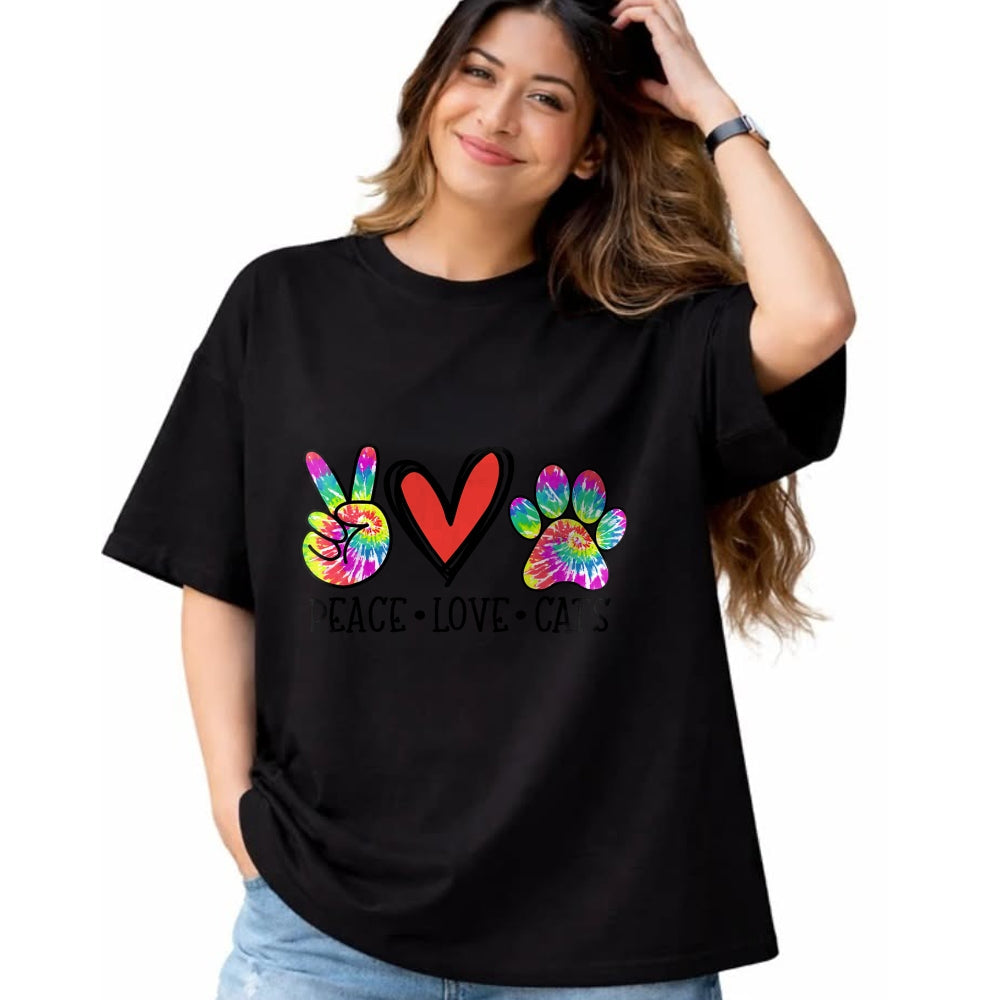 Cat Love Shirt, Funny Cat Lover Gift UnisexT-Shirt/Hoodie/Sweatshirt HLT00 - Peace Love Cats Paws Tie Dye Rainbow Animal Rescue Womens T-Shirt