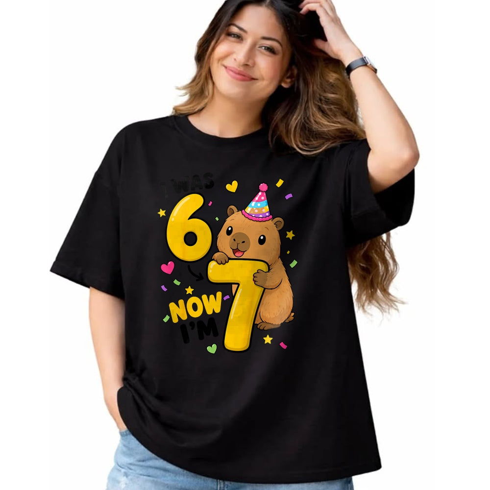 Cute Capybara Shirt, Funny Capybara Unisex T-Shirt/Hoodie/Sweatshirt HLT00 - I was 6 Now Im 7 Capybara 7th Birthday Party Cute 67 T-Shirt