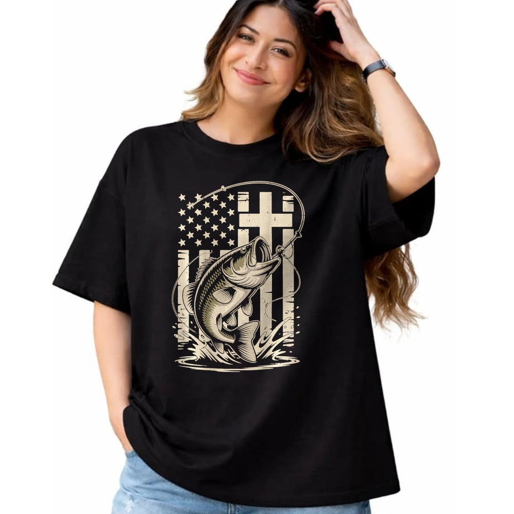 Funny Fishing Shirt, Gift For Fishing Lover Unisex T-Shirt/Hoodie/Sweatshirt HLT00 - Christian Fishing Camo Bass Fish American Flag Fishing Faith T-Shirt