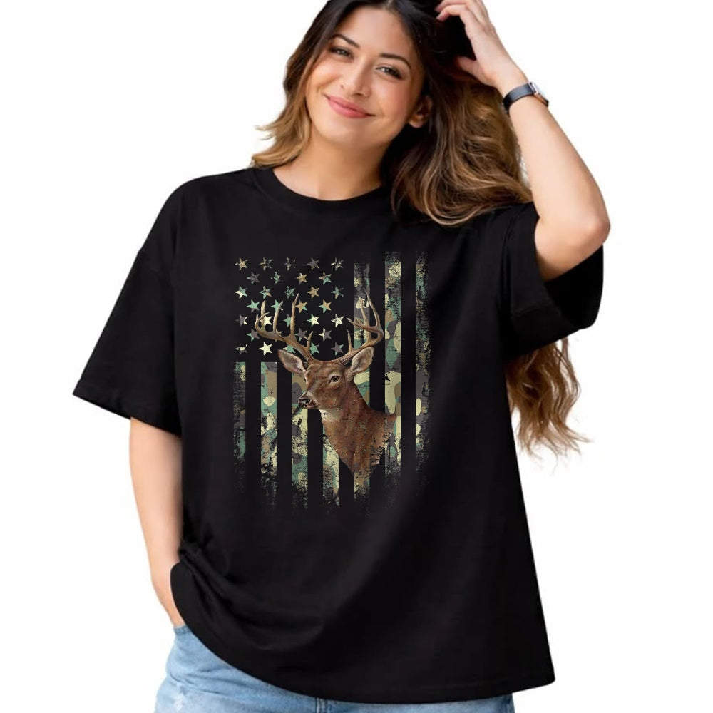 Funny Hunting Shirt, Gift For Hunting Lover Unisex T-Shirt/Hoodie/Sweatshirt HLT00 - American Flag Deer Hunting Camo T-Shirt
