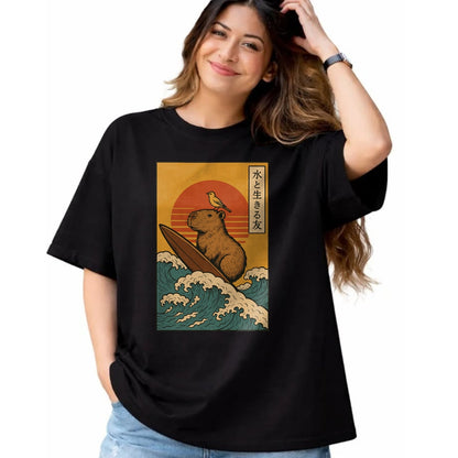 Cute Capybara Shirt, Funny Capybara Unisex T-Shirt/Hoodie/Sweatshirt HLT00 - Capybara Surfing Japanese T-Shirt