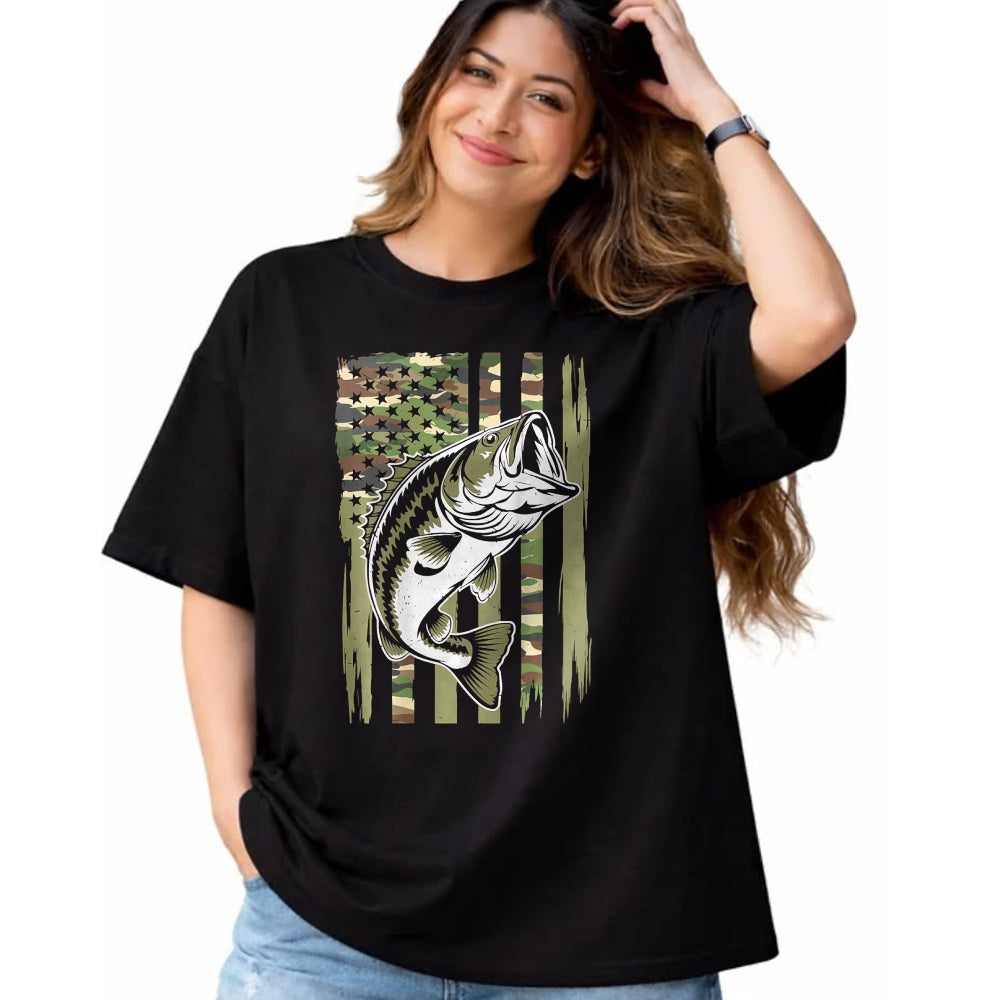 Funny Fishing Shirt, Gift For Fishing Lover Unisex T-Shirt/Hoodie/Sweatshirt HLT00 - Youth Camo Fishing Bass Fish American Flag Patriotic Men Boy T-Shirt