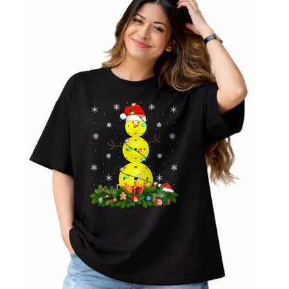 Funny Pickleball Shirt, Pickleball Lover Unisex T-Shirt/Hoodie/Sweatshirt HLT00 - Womens Pickleball Snowman Xmas Lighting Santa Pickleball Christmas V-Neck T-Shirt