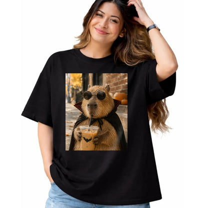 Cute Capybara Shirt, Funny Capybara Unisex T-Shirt/Hoodie/Sweatshirt HLT00 - Capybara Vampire Drinking Iced Coffee Halloween Funny Meme T-Shirt