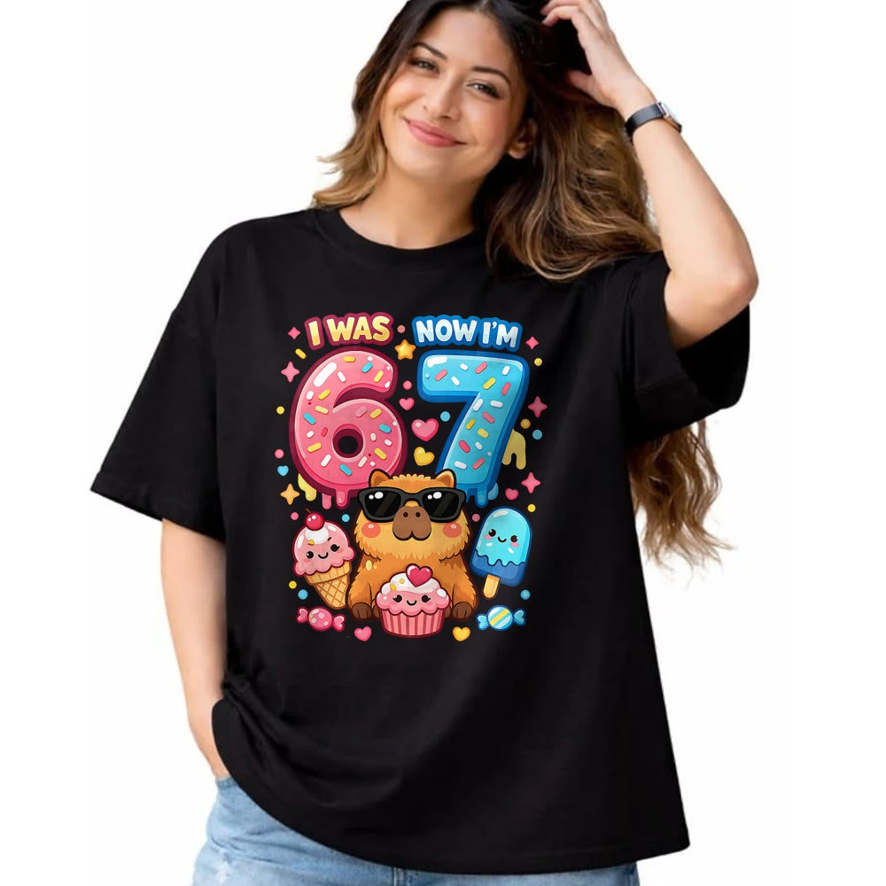 Cute Capybara Shirt, Funny Capybara Unisex T-Shirt/Hoodie/Sweatshirt HLT00 - I was 6 Now I_m 7 Birthday 67 Meme Capybara Ice Cream Kawaii T-Shirt