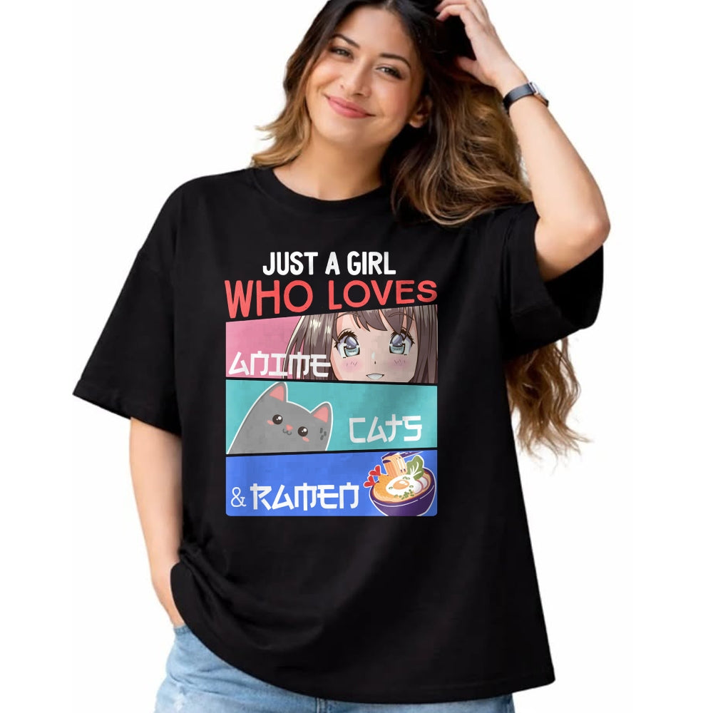 Cat Love Shirt, Funny Cat Lover Gift UnisexT-Shirt/Hoodie/Sweatshirt HLT00 - Just A Girl Who Loves Anime Cats & Ramen Lover Kawaii Otaku Long Sleeve T-Shirt