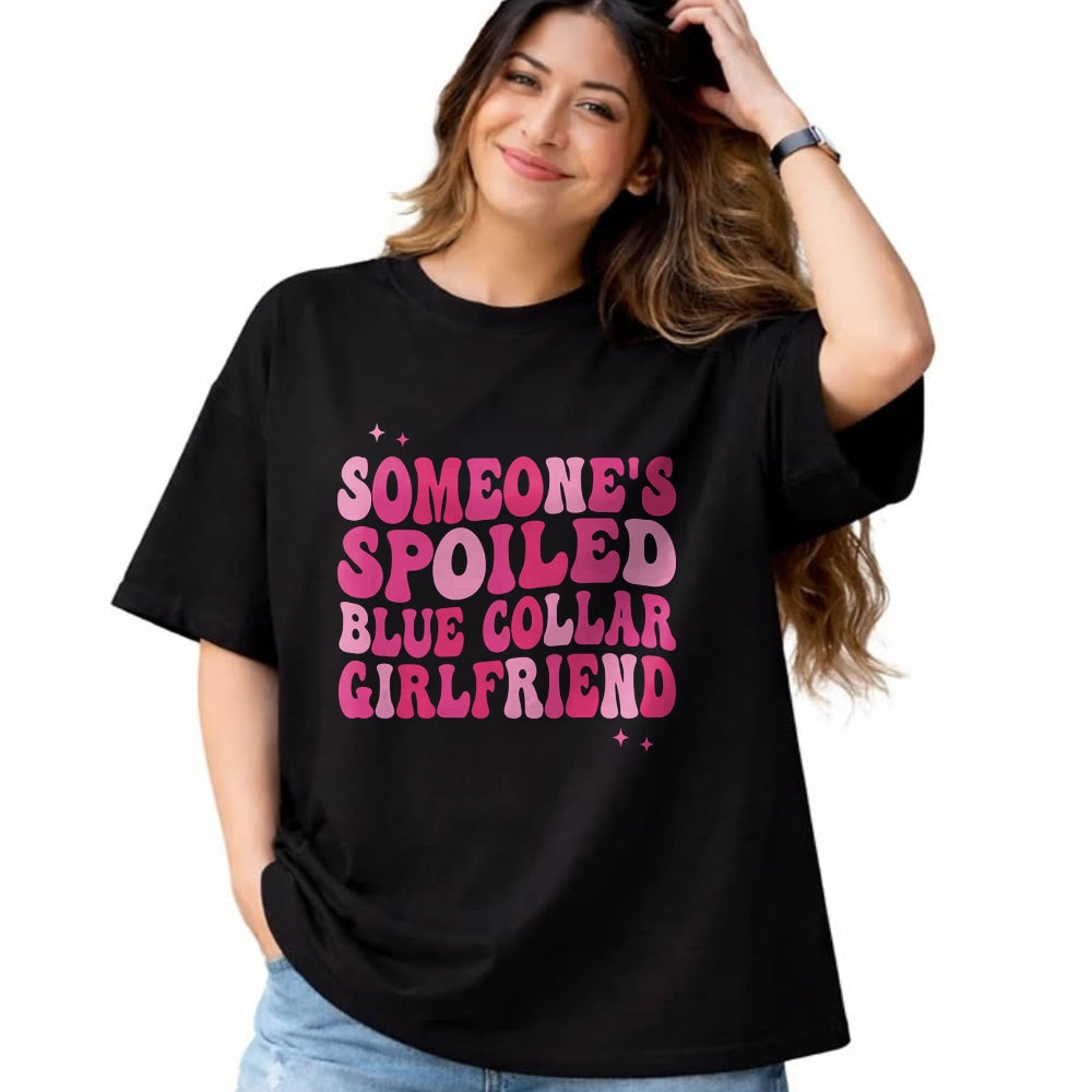 Best Wife Shirt, Wife and Husband Unisex T-Shirt/Hoodie/Sweatshirt HLT00 - Someone's Spoiled Blue Collar Girlfriend Groovy On Back Long Sleeve T-Shirt