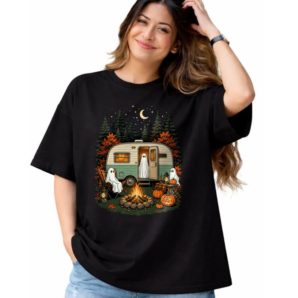 Funny Camping Shirt, Gift For Camping Lover Unisex T-Shirt/Hoodie/Sweatshirt HLT00 - Halloween Ghost Rv Camping Fall Camper Pumpkin Camper Autumn T-Shirt